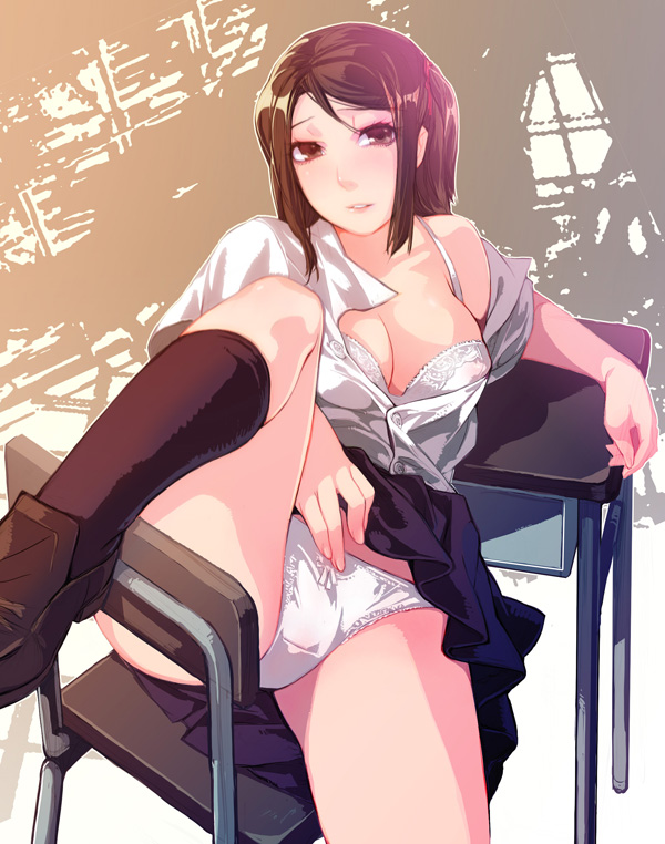 1girl aoin bad_id bad_pixiv_id bare_shoulders black_socks bra breasts brown_eyes brown_hair chair cleavage clothes_lift desk female_focus lingerie off_shoulder original panties school_uniform short_hair skirt skirt_lift socks solo underwear white_bra