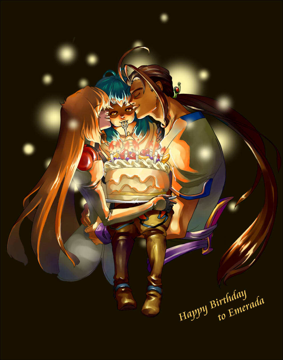 1boy 2girls bad_id bad_pixiv_id birthday black_background boots brown_hair cake dark_skin elhaym_van_houten emerada_(xenogears) fei_fong_wong food fork green_hair highres kotatsu_(rubu-198) light_particles long_hair multiple_girls orange_hair ponytail rubu-198 xenogears yellow_eyes