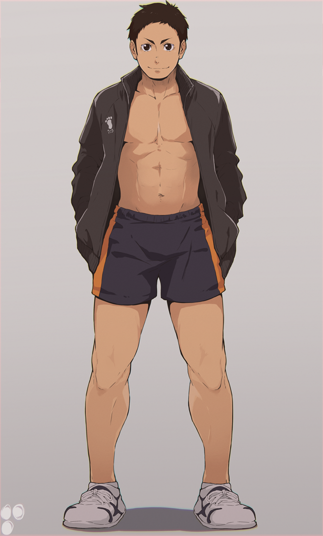 1boy 8_(yamalu) abs bara bare_pectorals black_hair black_jacket black_shorts closed_mouth grey_background haikyuu!! hands_in_pockets jacket large_pectorals looking_at_viewer male_focus muscular muscular_male navel open_clothes open_jacket pectorals sawamura_daichi shoes short_hair shorts sideburns smile sneakers solo sportswear standing volleyball_uniform