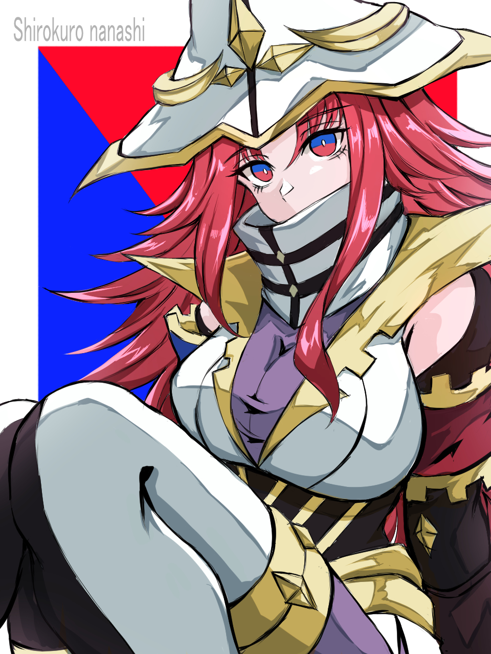 1girl beyond_the_pendulum breasts cleavage covered_mouth detached_sleeves duel_monster hat high_collar highres knee_up large_breasts looking_at_viewer red_eyes red_hair shirokuro_nanashi sitting solo witch_hat yu-gi-oh!