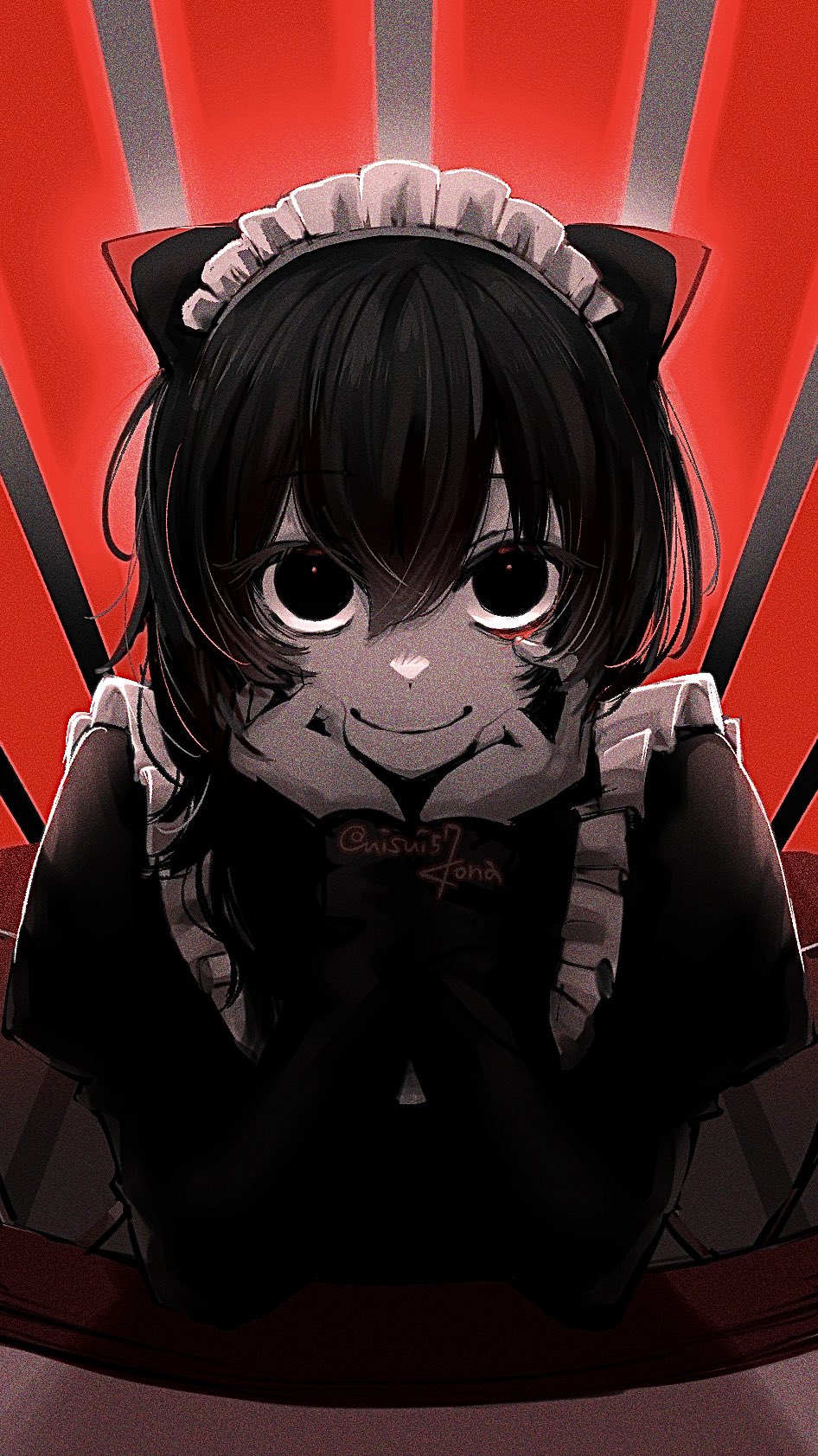 1girl animal_ears apron artist_name black_eyes black_hair cat_ears chikyuu_no_ura_(cevio) colored_skin creepy_eyes elevator elevator_door empty_eyes frilled_apron frills hair_between_eyes hands_on_own_cheeks hands_on_own_face highres iyowa_girls juliet_sleeves long_sleeves looking_at_viewer maid maid_apron maid_headdress medium_hair nisui57 no_pupils puffy_sleeves red_background smile solo upper_body ura_(iyowa) white_apron white_skin