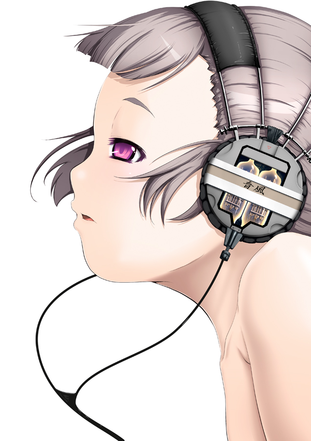 1girl bad_id bad_pixiv_id bare_shoulders female_focus grey_hair halcyon headphones original parted_lips profile purple_eyes simple_background solo vacuum_tube