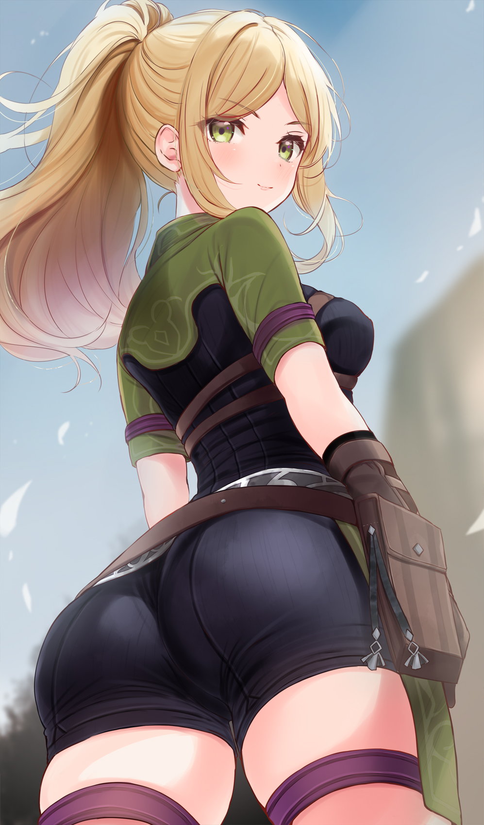 ass belt belt_pouch black_shorts blonde_hair breasts brown_belt brown_gloves closed_mouth from_behind from_below gloves green_eyes highres komone_ushio long_hair looking_at_viewer looking_back medium_breasts parted_bangs ponytail pouch romancing_saga_2 saga short_sleeves shorts skin_tight smile theresa_(saga) thigh_strap