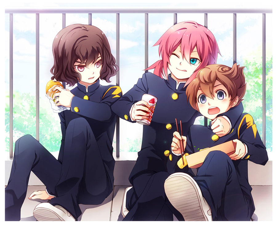 3boys blue_eyes brown_eyes brown_hair daqshu eating inazuma_eleven inazuma_eleven_(series) inazuma_eleven_go kirino_ranmaru male_focus matsukaze_tenma multiple_boys pink_hair rooftop school_uniform shindou_takuto