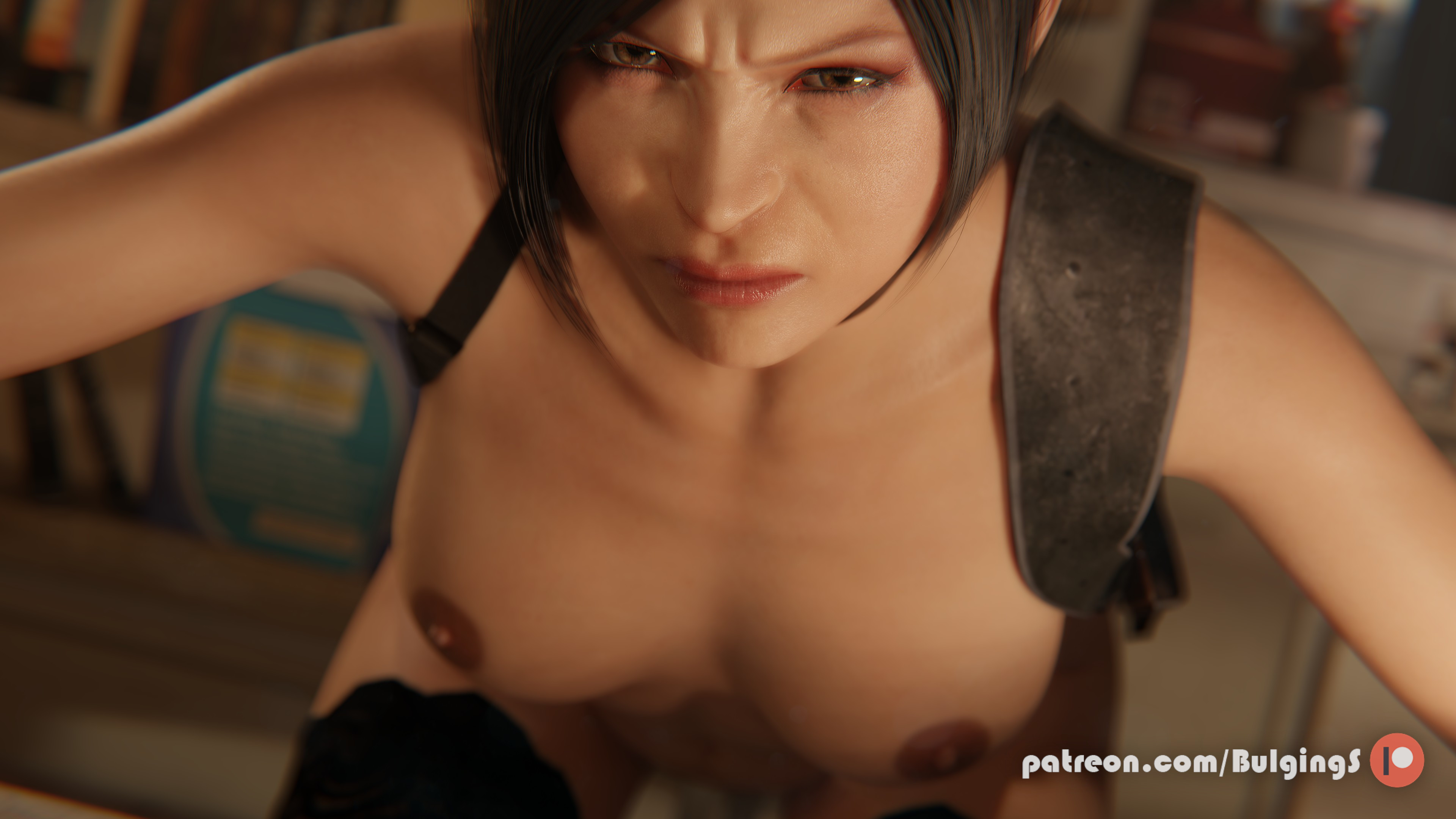 bulgingsenpai, ada wong, resident evil, resident evil 2, resident evil 2  (remake), absurdres, highres, tagme, 3d, angry, breasts, eye contact,  looking at another, mad face, nipples, pov, resident evil 3d, topless,  uncensored -