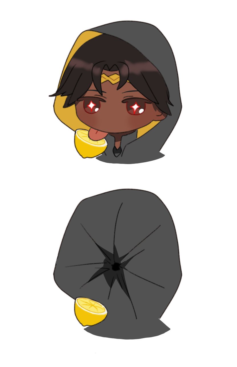 1boy brown_hair dark-skinned_male dark_skin dr_metagross fire_emblem fire_emblem_engage fogado_(fire_emblem) food fruit gold_circlet highres lemon lemon_slice male_focus meme nintendo short_hair sour_(taste) star-shaped_pupils star_(symbol) symbol-shaped_pupils thour_(meme)