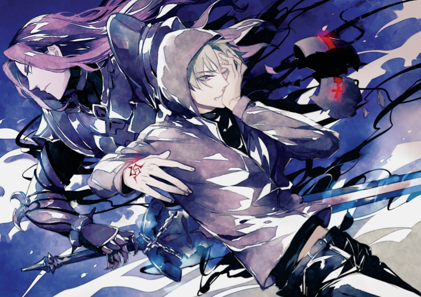 2boys armor arondight_(fate) berserker_(fate/zero) command_spell fate/zero fate_(series) genii hood hoodie long_hair matou_kariya multiple_boys purple_hair spoilers sword weapon white_hair