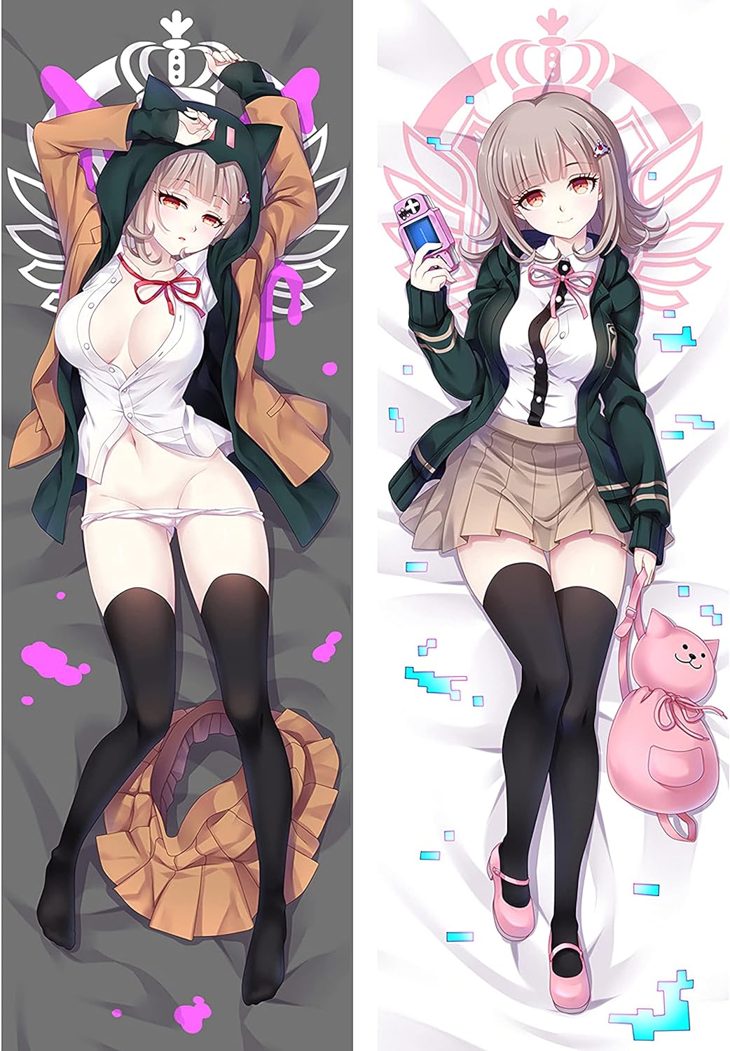 1girl artist_request bag black_thighhighs blonde_hair blue_jacket bow bowtie brown_eyes brown_skirt danganronpa_(series) danganronpa_3_(anime) double_dakimakura_(medium) dress_shirt handheld_game_console highres holding holding_bag holding_handheld_game_console hood hood_up jacket lying nanami_chiaki on_back open_clothes open_jacket outstretched_arms paint_splatter pink_bow pink_bowtie pink_footwear pleated_skirt shirt skirt thighhighs unbuttoned unbuttoned_shirt undressing white_shirt