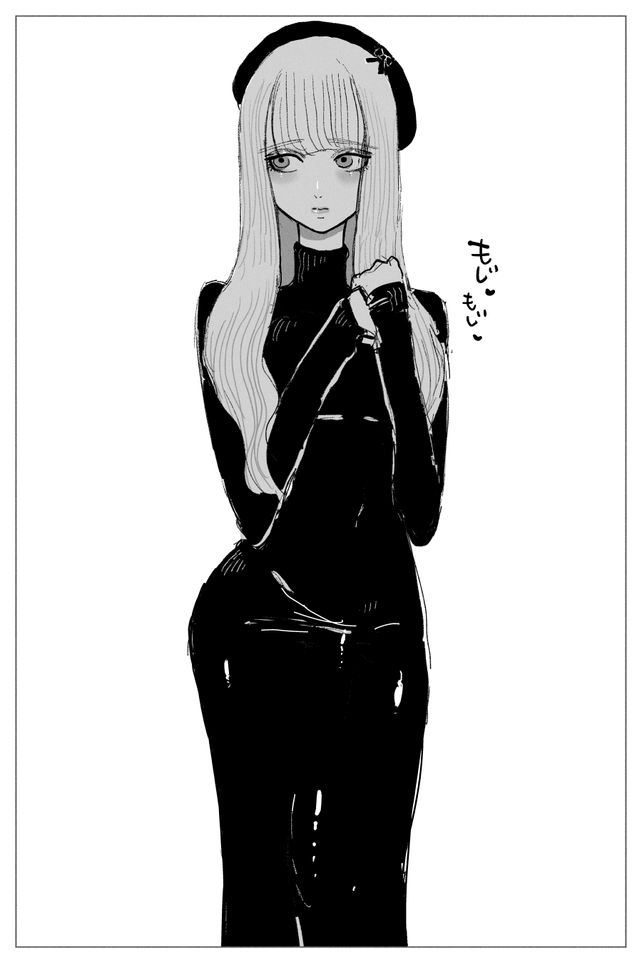 1futa beret bulge contrapposto covered_navel dress erection erection_under_clothes futanari greyscale hat heart highres hime_cut kikimetal large_penis lips long_hair looking_to_the_side monochrome navel original penis simple_background solo translation_request turtleneck