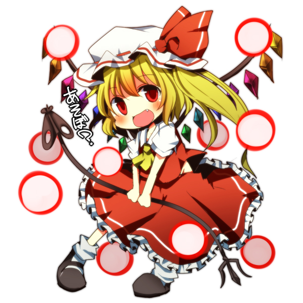 1girl bad_id bad_pixiv_id blonde_hair blush chibi danmaku dress fang female_focus flandre_scarlet hat hat_ribbon laevatein open_mouth pasutel red_dress red_eyes ribbon short_hair side_ponytail simple_background smile solo touhou v_arms wings