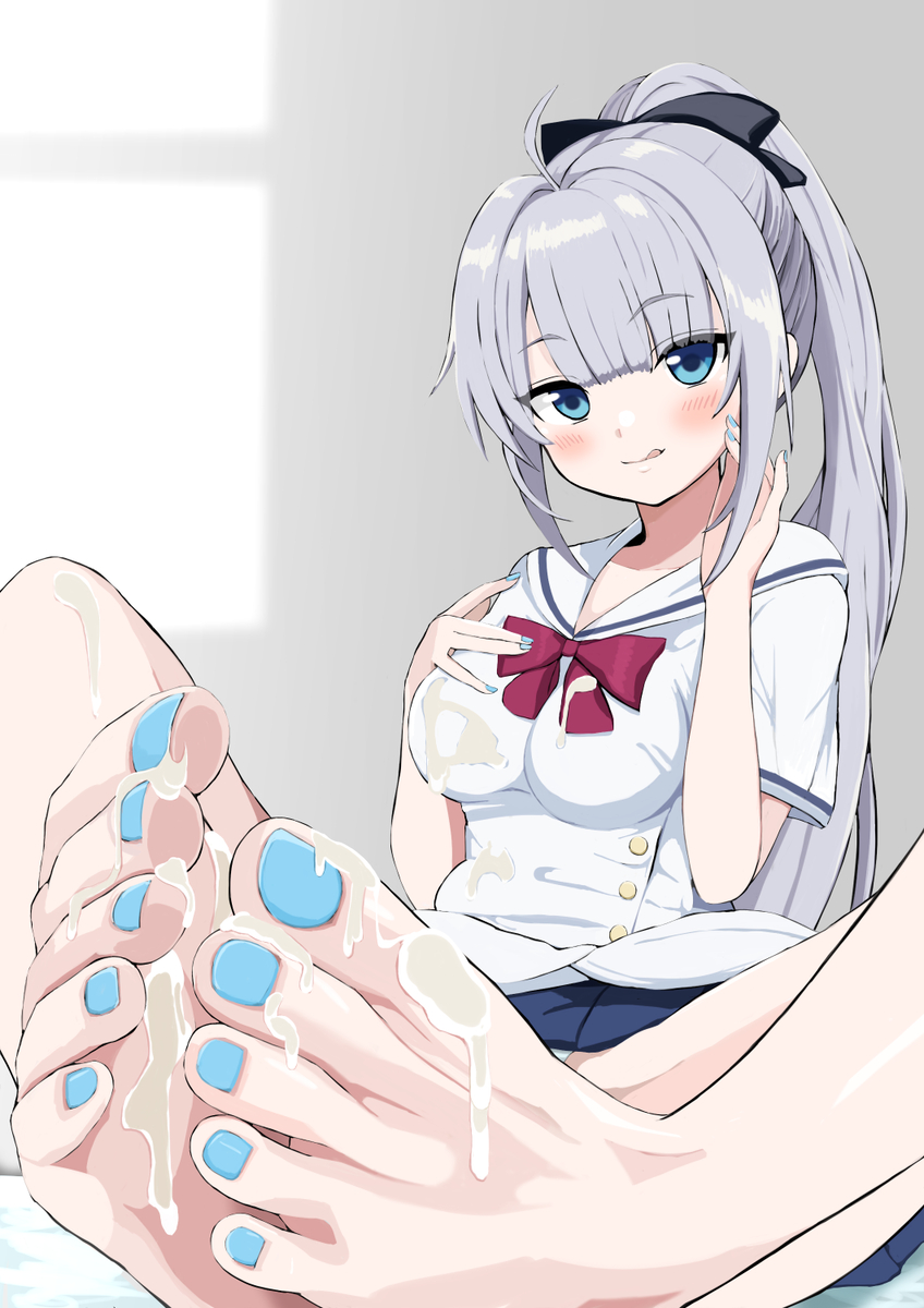 1girl after_footjob bare_legs barefoot blue_eyes blush censored cum cum_on_body cum_on_clothes cum_on_feet cum_on_lower_body feet foot_focus ginka_(visual_novel) grey_hair grin highres ichigyou licking_lips long_hair looking_at_viewer nail_polish panties ponytail shinomiya_ginka smile toenail_polish toenails toes tongue tongue_out underwear