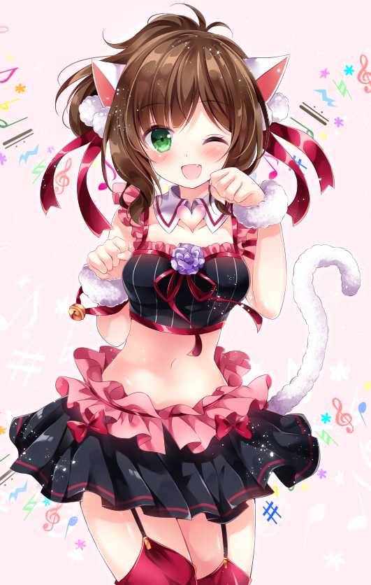 10s 1girl ;d animal_ears bass_clef bell blush brown_hair cat_ears cat_tail clenched_hands crop_top crotchet detached_collar eyebrows fang female_focus flower frilled_skirt frills fur_trim garter_straps green_eyes hair_ribbon heart idolmaster idolmaster_cinderella_girls legs_together looking_at_viewer maekawa_miku midriff minnie_mouse musical_note navel nogi_takayoshi one_eye_closed open_mouth paw_pose pink_background ponytail purple_flower quaver red_ribbon red_thighhighs ribbon short_hair skirt smile solo stomach swept_bangs tail thighhighs treble_clef wrist_cuffs