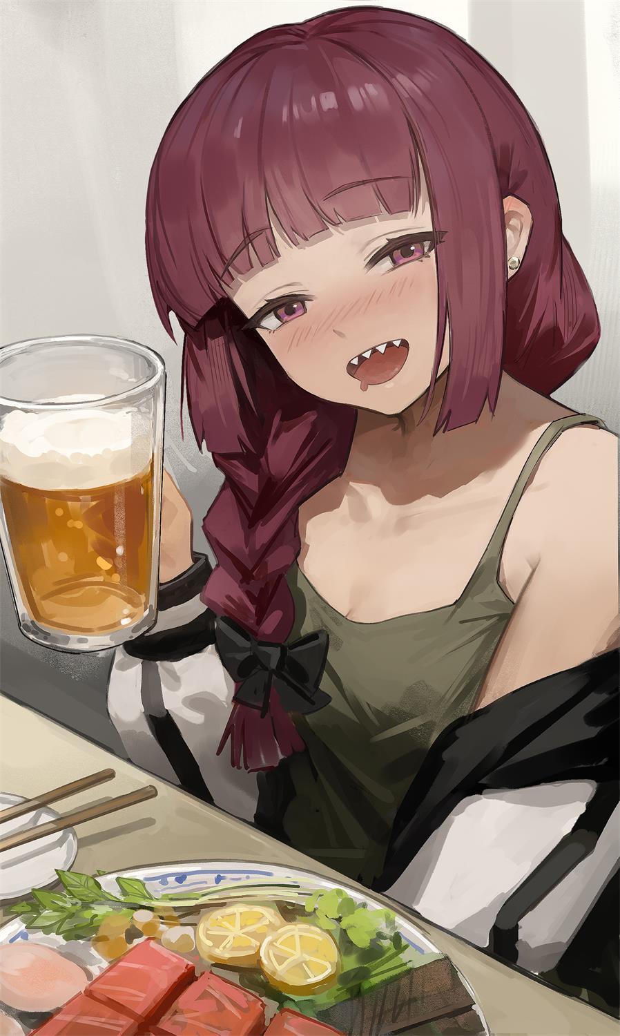 1girl alcohol beer beer_mug black_bow black_jacket blush bocchi_the_rock! bow braid breasts chopsticks collarbone cup dress drooling foam food food_request fruit green_dress hair_bow hair_over_one_eye highres hiroi_kikuri holding holding_cup jacket lemon lemon_slice long_hair looking_at_viewer loose_clothes meinoss mouth_drool mug open_mouth red_eyes red_hair sharp_teeth single_braid sitting small_breasts solo table teeth upper_body