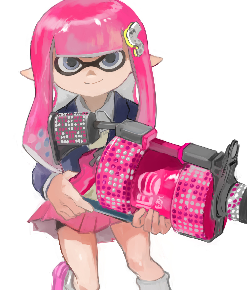 .96_gal_(splatoon) 1girl bike_shorts black_shorts blue_jacket closed_mouth collared_shirt ga4me4 grey_eyes hair_ornament holding inkling inkling_girl inkling_player_character jacket letter_hair_ornament long_hair long_sleeves looking_at_viewer miniskirt nintendo open_clothes open_jacket pink_footwear pink_hair pink_skirt pleated_skirt pointy_ears school_uniform shirt shorts simple_background skirt smile socks solo splatoon_(series) split_mouth sweater_vest tentacle_hair white_background white_shirt white_socks yellow_sweater_vest