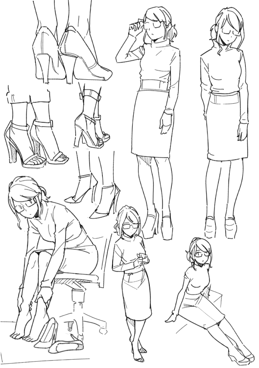 1girl adjusting_eyewear bespectacled chair collage cropped_legs dress feet full_body glasses greyscale high_heels lineart long_hair monochrome norakura_(nr_kura) office_chair original ponytail sitting sketch standing swivel_chair