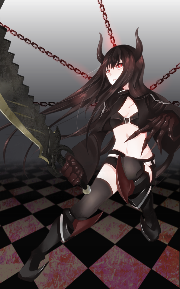 10s 1girl bad_id bad_pixiv_id bikini bikini_top_only black_gold_saw black_hair black_rock_shooter chain colored_skin cropped_jacket horns jacket king_saw long_hair miteli pale_skin red_eyes red_hair red_theme short_shorts shorts swimsuit sword thighhighs unzipped very_long_hair weapon white_skin