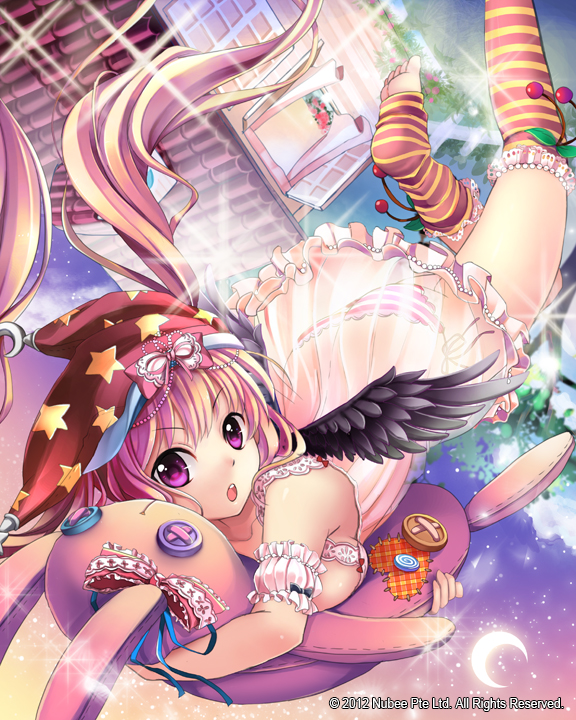 1girl :o ass breasts crescent_moon feet female_focus hug long_hair looking_at_viewer medium_breasts moon original panties pink_hair purple_eyes see-through_clothes shiny_skin side-tie_panties sky socks solo star_(sky) starry_sky striped_clothes striped_panties striped_socks striped_thighhighs stuffed_animal stuffed_toy thighhighs tin_(wsp85205) toeless_legwear toes twintails underwear wings