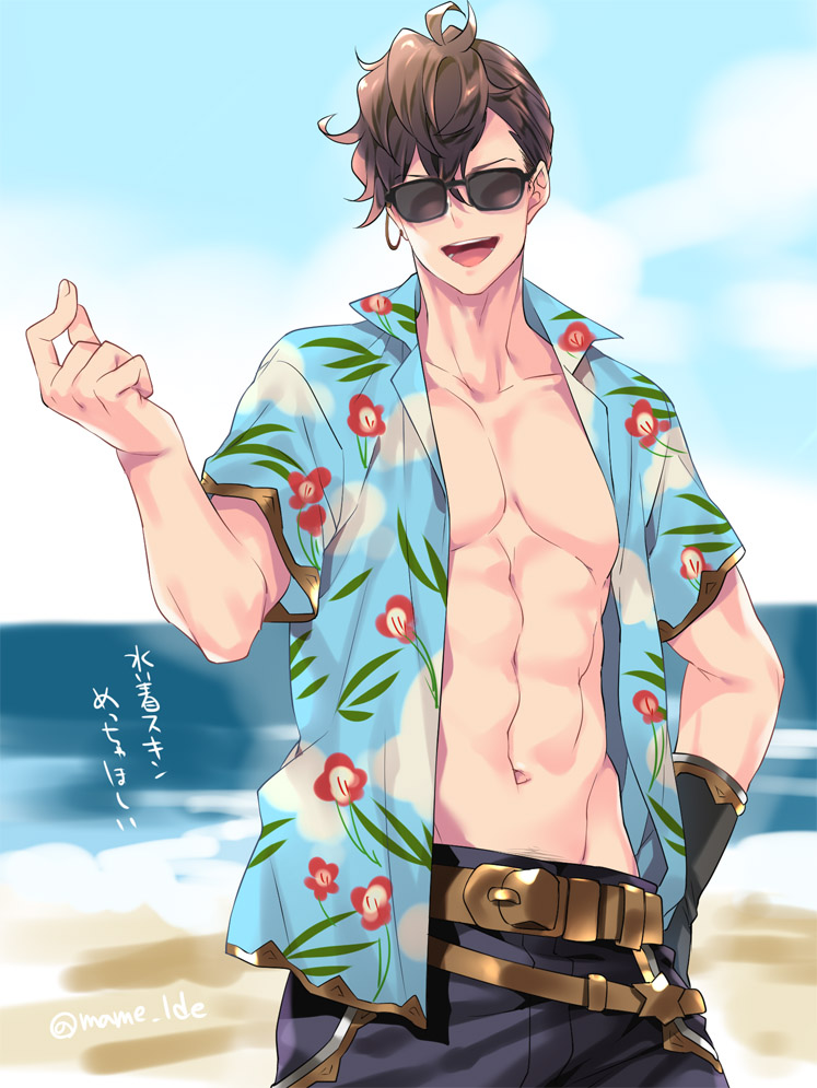 1boy abs alternate_costume beach belt brown_hair cloud earrings granblue_fantasy hawaiian_shirt jewelry lobelia_(granblue_fantasy) male_focus mame_lde navel open_clothes open_mouth open_shirt outdoors shirt single_earring sky smile solo sunglasses toned toned_male