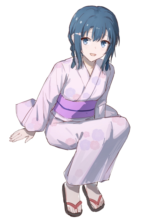 1girl adachi_sakura adachi_to_shimamura blue_eyes blue_hair braid commentary_request full_body japanese_clothes kimono long_sleeves looking_at_viewer lrhwushang medium_hair obi open_mouth purple_kimono sandals sash simple_background sitting smile solo toes twin_braids white_background