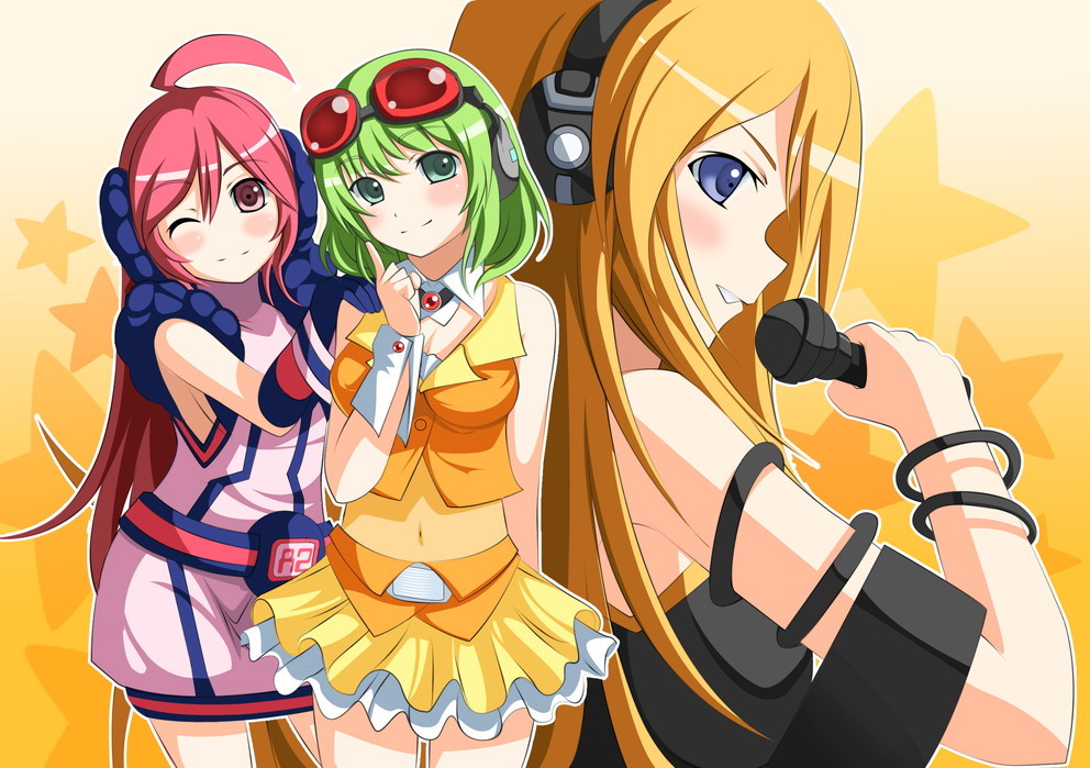 3girls ahoge bad_id bad_pixiv_id blonde_hair blue_eyes gloves goggles goggles_on_head green_eyes green_hair gumi headphones lily_(vocaloid) long_hair microphone multiple_girls red_eyes red_hair sf-a2_miki short_hair smile vocaloid wink yakitori_(oni)