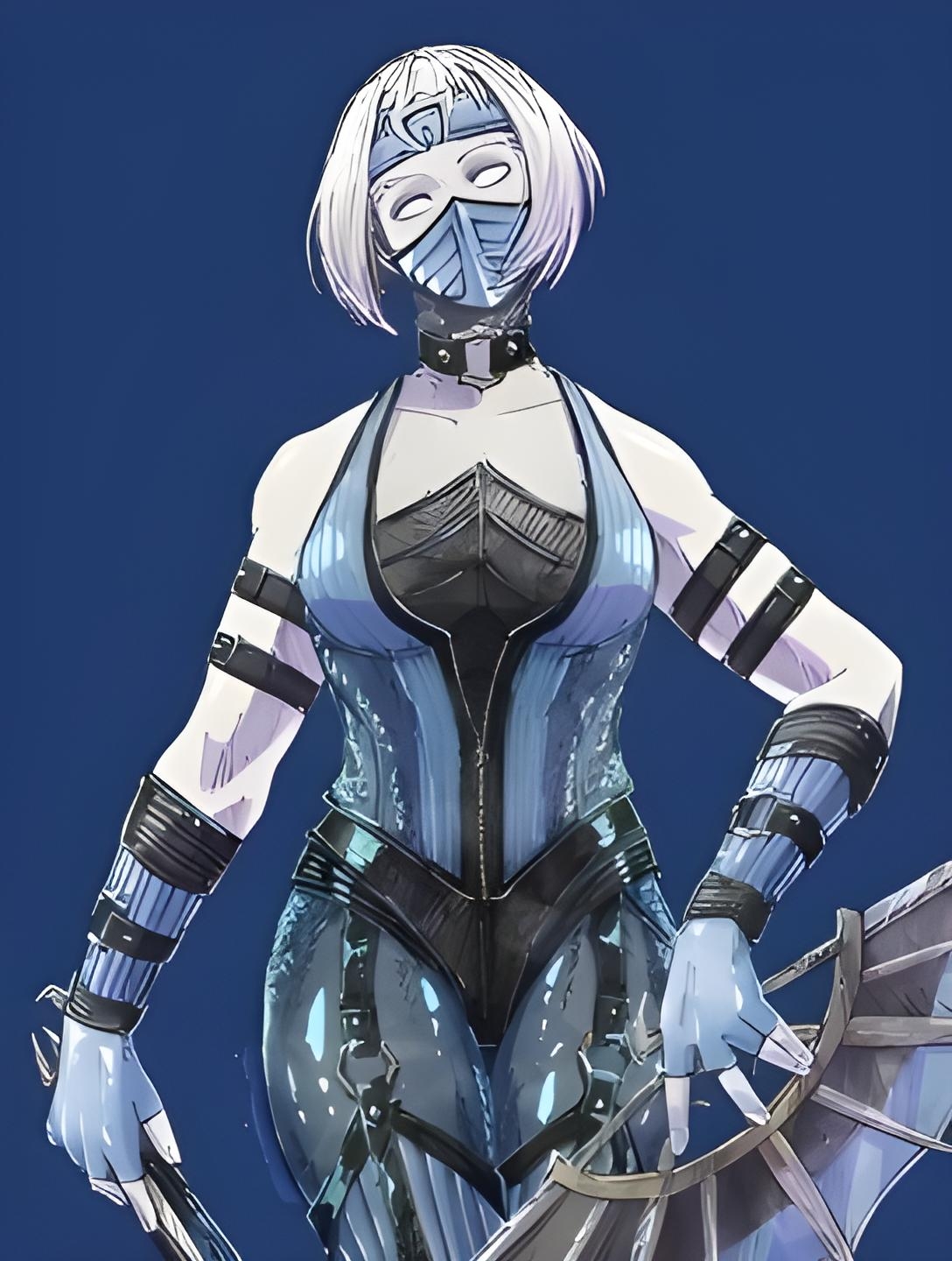 1girl breasts fan grey_eyes highres khameleon mask mortal_kombat_(series) solo white_hair