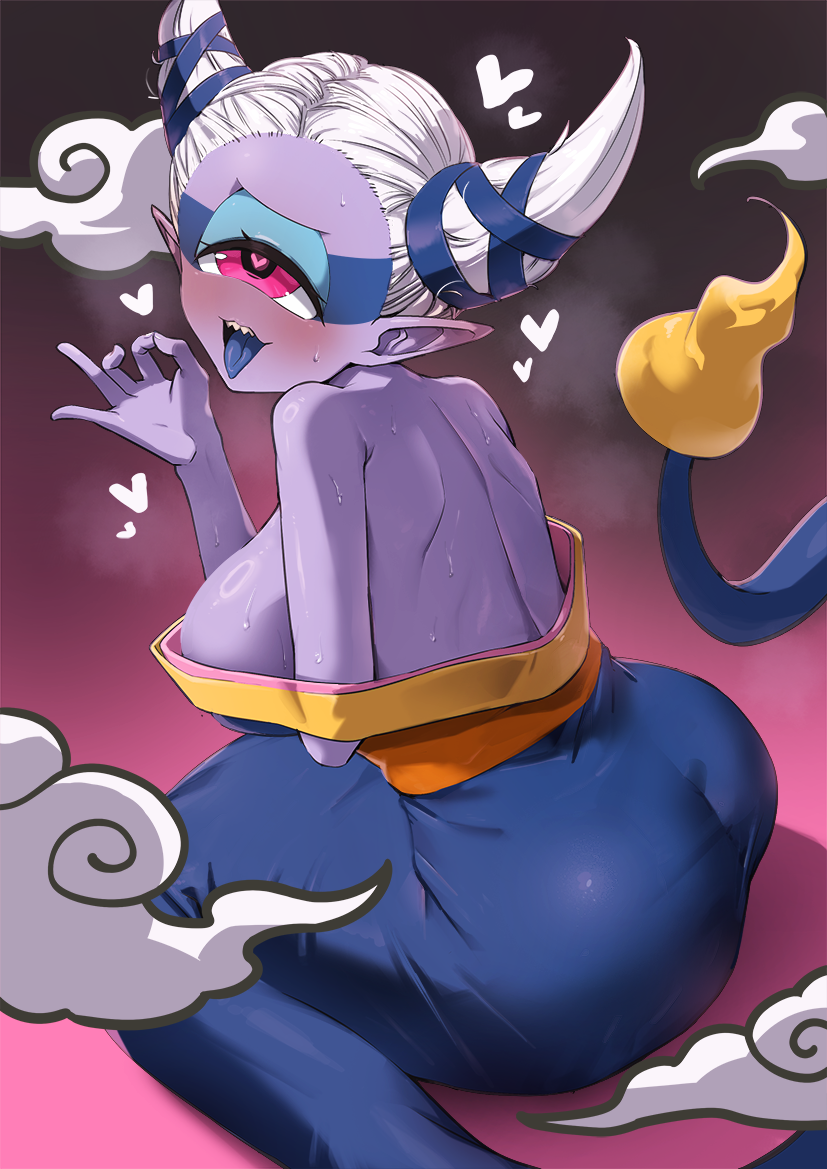 1girl ass back bare_shoulders blue_kimono blue_ribbon blush breasts breath colored_skin demon_girl ear_blush fellatio_gesture female_focus forehead fuumin_(youkai_watch) gradient_background hair_horns hair_ribbon half-closed_eyes hand_up happy heart heart-shaped_pupils japanese_clothes kimono kurage444 large_breasts leaning_forward looking_at_viewer looking_back mature_female monster_girl off_shoulder one-eyed open_mouth pink_background pink_eyes pointy_ears purple_skin ribbon sharp_teeth shiny_skin smile smoke solo sweat symbol-shaped_pupils teeth tongue tongue_out white_hair youkai_watch