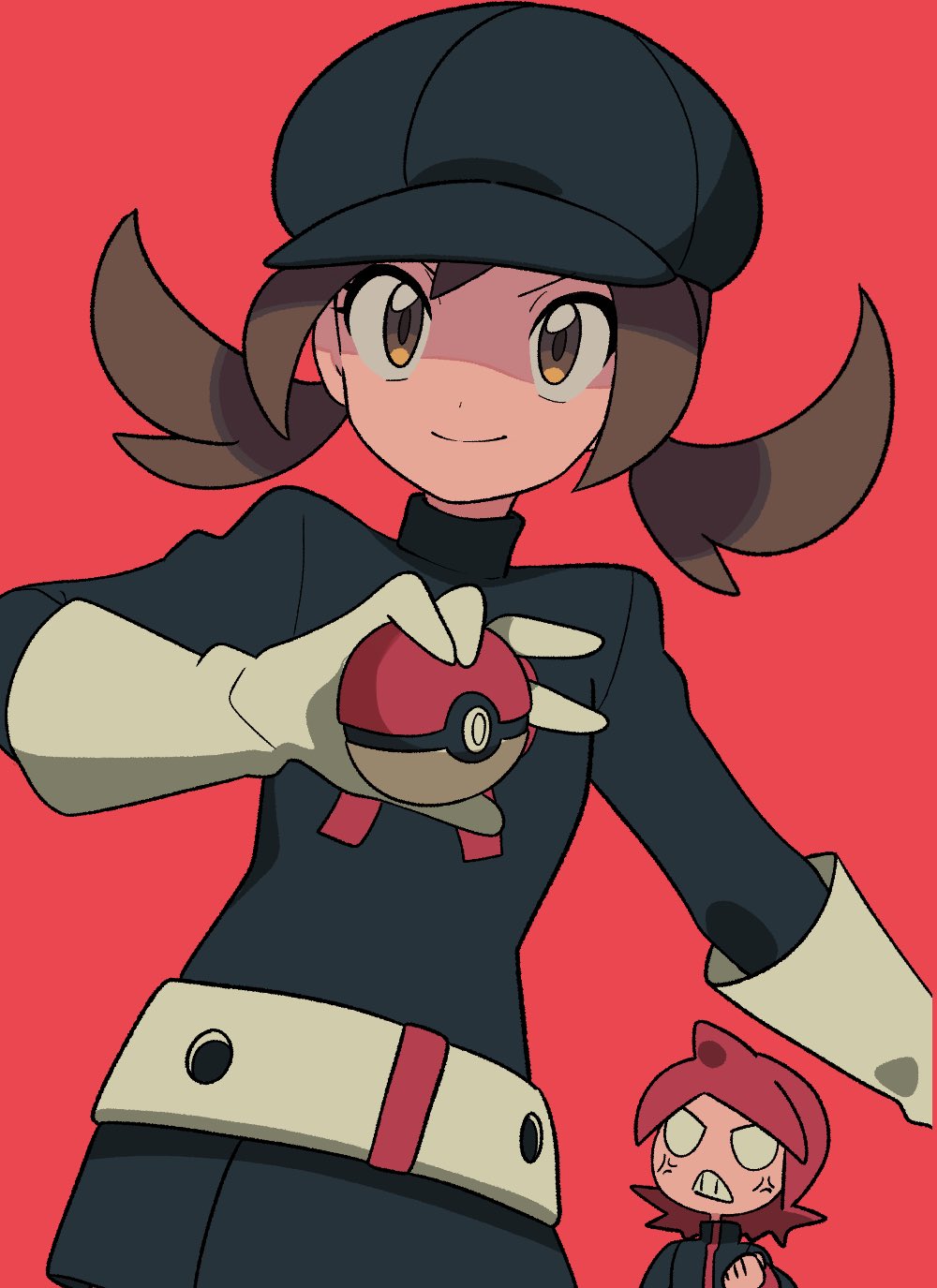 1boy 1girl anger_vein angry belt black_hat black_shirt blank_eyes brown_eyes brown_hair clenched_hand clenched_teeth closed_mouth creatures_(company) game_freak gloves hand_up hat highres holding holding_poke_ball looking_at_viewer lyra_(pokemon) medium_hair nintendo poke_ball poke_ball_(basic) pokemon pokemon_hgss red_background red_hair shirt silver_(pokemon) simple_background smile solo_focus team_rocket team_rocket_uniform teeth twintails tyako_089 upper_body white_belt white_gloves