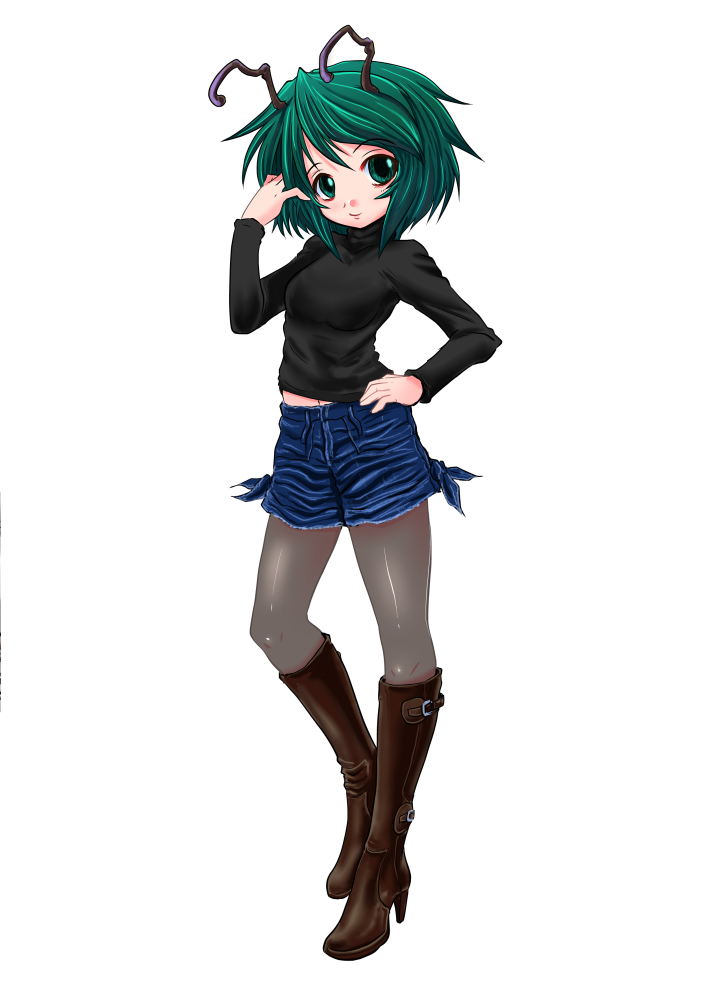 1girl antennae bad_id bad_pixiv_id boots contemporary denim denim_shorts female_focus green_eyes green_hair grey_pantyhose high_heels pantyhose_under_shorts madara_inosuke matching_hair/eyes navel pantyhose shoes short_hair shorts solo sweater touhou wriggle_nightbug