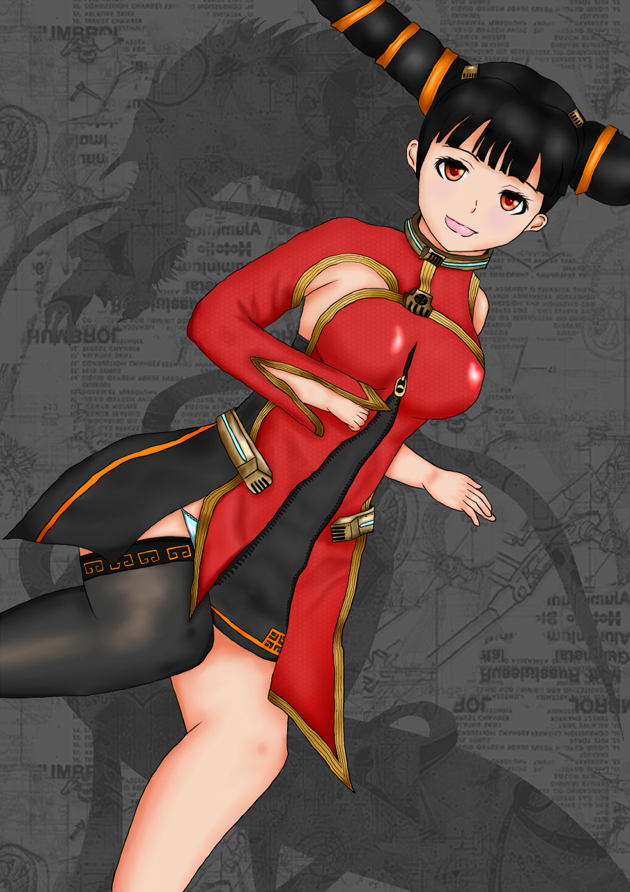 black_hair hair_ribbon highres max_anarchy orange_eyes ribbon rin_rin sega single_thighhigh smile thighhighs