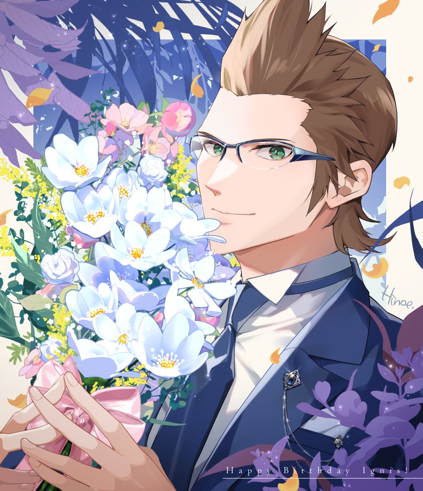 1boy artist_name blue_jacket blue_necktie bouquet brown_hair character_name collared_shirt falling_petals final_fantasy final_fantasy_xv flower formal_clothes glasses green_eyes hair_slicked_back happy_birthday hinoe_(dd_works) holding holding_bouquet ignis_scientia jacket looking_at_viewer male_focus necktie petals shirt short_hair sideburns smile solo suit_jacket upper_body white_shirt