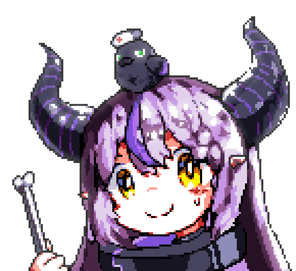 1girl animal animal_on_head bird bird_on_head black_collar black_horns bone collar crow_(la+_darknesss) demon_horns downvote_(downvote_me) green_eyes hat holding holding_bone hololive horns la+_darknesss long_hair looking_at_viewer multicolored_hair nurse_cap on_head purple_hair simple_background smile streaked_hair striped_horns two-tone_hair virtual_youtuber white_background yellow_eyes