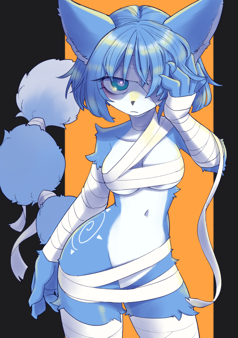 1girl animal_ears arm_behind_back arm_up bandage_over_one_eye bandaged_arm bandaged_head bandaged_leg bandaged_tail bandages black_background blue_eyes blue_fur blue_hair cowboy_shot fluffy frown furry furry_female glaring hand_on_own_head hip_tattoo krystal loose_bandages multicolored_background multicolored_fur naked_bandage navel nintendo no_pussy orange_background short_hair simple_background star_fox tail uno_usaya white_fur wolf_ears wolf_girl wolf_tail