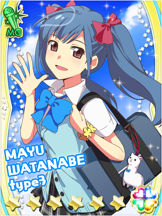 1girl :d akb0048 alpaca animal_charm bag blue_bow blue_bowtie blue_hair blue_vest bow bowtie bracelet card_(medium) character_name collared_shirt cowboy_shot flower_bracelet hair_bow heart holding holding_bag jewelry long_hair looking_at_viewer non-web_source official_art open_mouth plaid_clothes plaid_skirt pleated_skirt purple_eyes red_bow school_bag school_uniform shirt skirt smile solo sparkle standing star_(symbol) summer three_quarter_view twintails vest watanabe_mayu_(akb0048) waving white_shirt