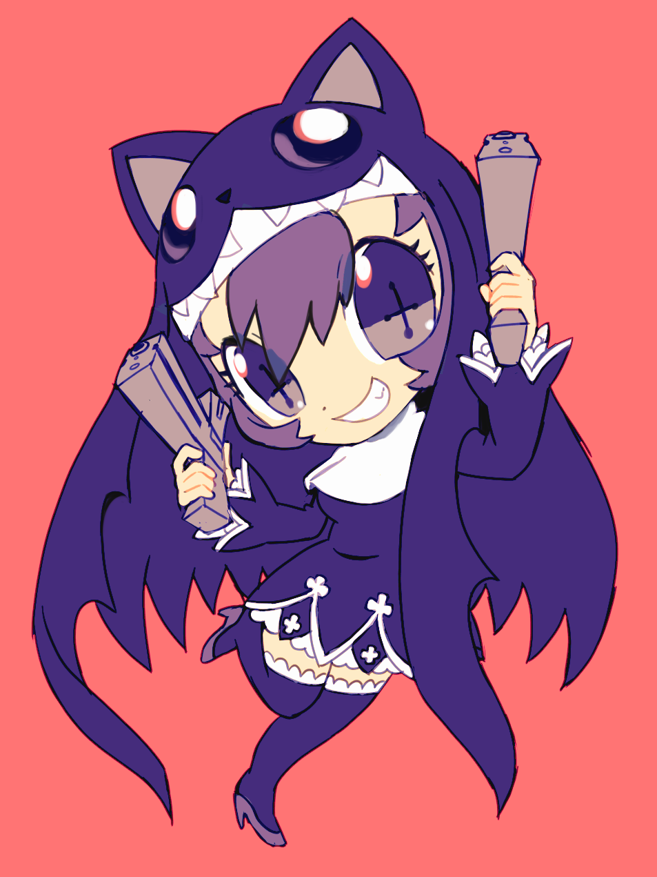 1girl animal_ears animal_hat black_dress black_eyes black_footwear black_veil boots breasts cat_ears cat_hat chibi chibi_only cross-shaped_pupils digimon digimon_(creature) dot_nose dress dual_wielding extyrannomon frilled_thighhighs frills full_body grey_eyes grey_hair grin gun habit hands_up hat high_heel_boots high_heels highres holding holding_gun holding_weapon leg_up long_sleeves looking_at_viewer nun red_background sharp_teeth short_dress short_hair simple_background sistermon_noir smile solid_circle_eyes solo standing standing_on_one_leg symbol-shaped_pupils teeth thigh_boots thighhighs veil weapon