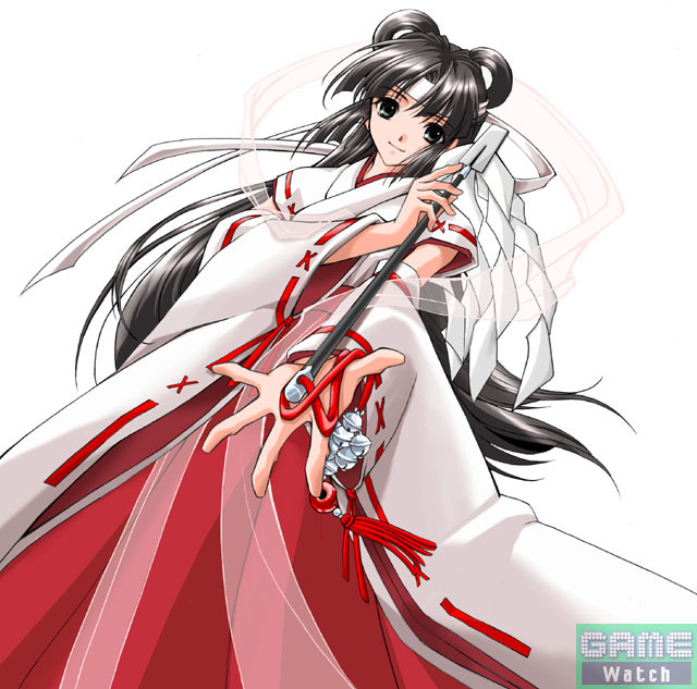 1girl bell black_hair detached_sleeves female_focus gohei hagoromo hair_rings hakama hakama_skirt headband itto_maru japanese_clothes kiki_kaikai kiki_kaikai_(series) kiki_kaikai_2 long_hair miko official_art oonusa red_hakama rope sayo_(kiki_kaikai) shawl shimenawa skirt smile solo watermark wide_sleeves