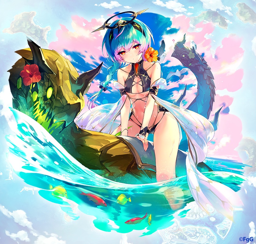 1girl ? aqua_hair bird black_halo braid breasts cassius_(phantom_of_the_kill) closed_mouth fish flower hair_between_eyes halo hibiscus looking_at_viewer medium_breasts ocean official_alternate_costume official_art orange_eyes orange_flower outdoors phantom_of_the_kill red_flower shibuhiko sky swimsuit thighs