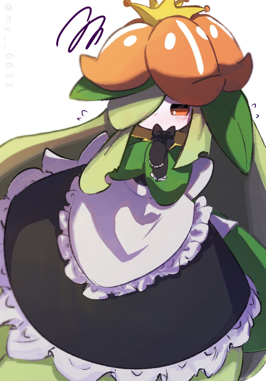 1girl apron artist_name averting_eyes back_bow black_bow black_bowtie black_dress blush bow bowtie bright_pupils clothed_pokemon colored_skin creatures_(company) crown dress embarrassed female_focus flower flying_sweatdrops frilled_apron frilled_dress frills game_freak gen_5_pokemon green_hair green_skin hair_flower hair_ornament half-closed_eyes hands_up highres lilligant long_dress long_hair looking_to_the_side maid mini_crown monster_girl multicolored_skin my_(my_6633) nintendo nose_blush orange_eyes own_hands_together plant_girl pokemon pokemon_(creature) red_flower shy sidelocks simple_background sleeveless sleeveless_dress solo squiggle twitter_username two-tone_skin very_long_hair waist_apron watermark white_apron white_background white_pupils white_skin yellow_crown