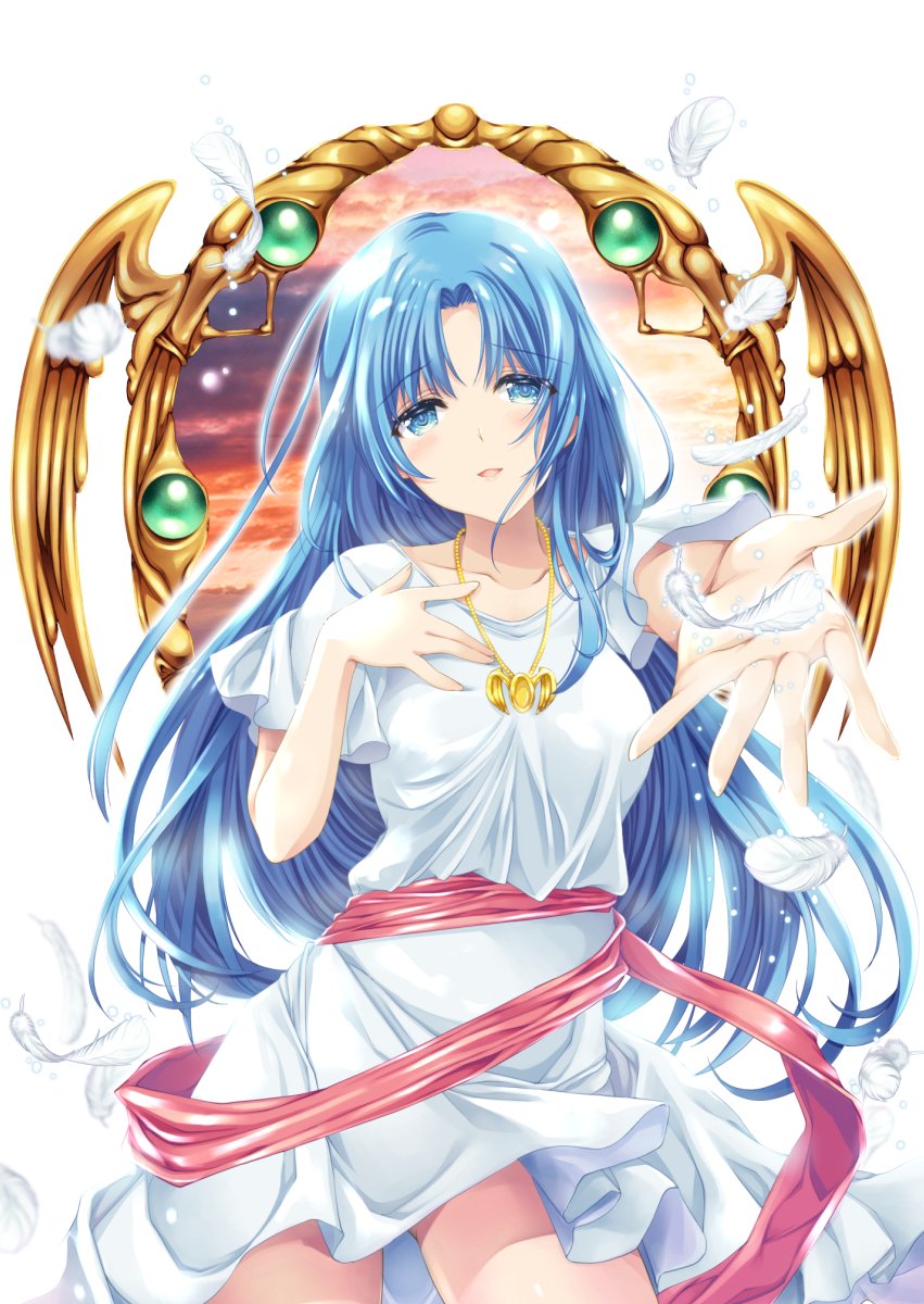 1girl aizawahiroshi ancient_ys_vanished blue_eyes blue_hair breasts commentary_request curtained_hair dress feathers feena_(ys) furrowed_brow gold_necklace highres jewelry large_breasts long_hair necklace open_mouth reaching reaching_towards_viewer red_sash sash smile solo standing very_long_hair white_dress white_feathers ys