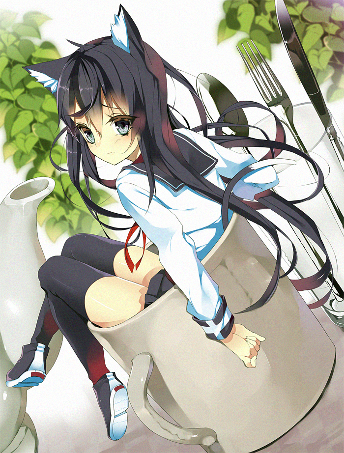 1girl :| animal_ears black_eyes black_hair black_thighhighs blouse cat_ears cat_tail closed_mouth coffee_mug cup drinking_glass dutch_angle female_focus film_grain foot_dangle fork from_behind full_body in_container in_cup kettle knees_together_feet_apart knife koba long_hair long_sleeves looking_back mini_person minigirl mug original plant pleated_skirt school_uniform serafuku shirt shoes sitting skirt solo spoon tail teapot thighhighs white_shirt