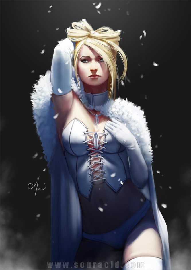 10s 1girl arm_up armpits blonde_hair blue_eyes breasts cleavage emma_frost female_focus karl_liversidge long_hair looking_at_viewer marvel midriff navel solo thighhighs underwear watermark web_address x-men