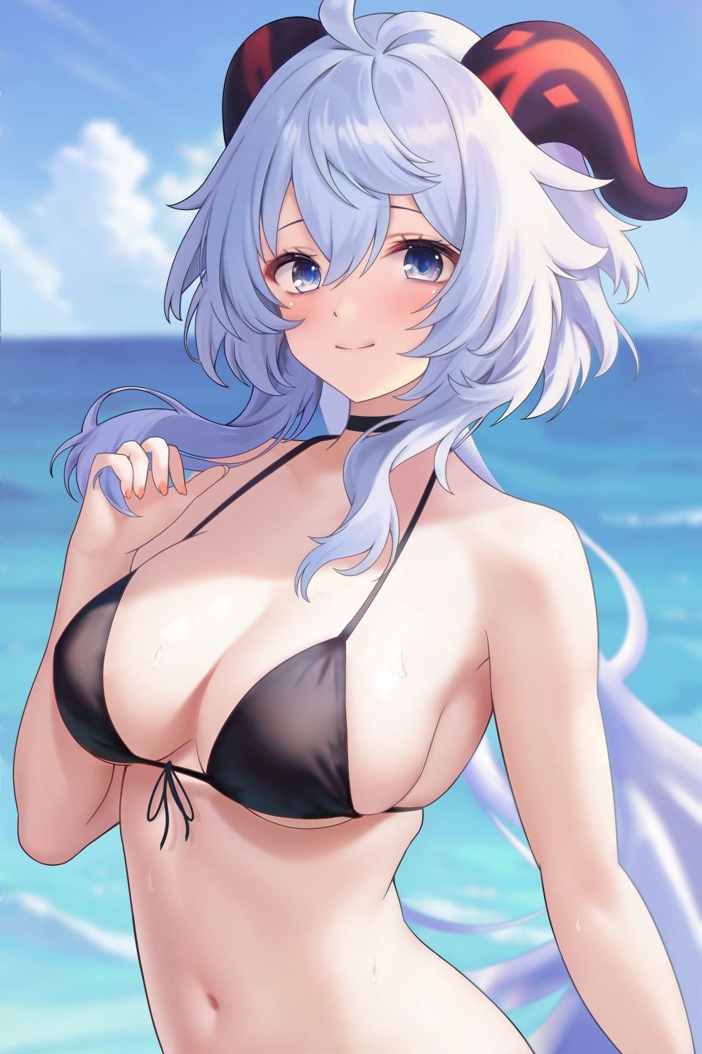 1girl ahoge bikini black_bikini blue_hair blue_sky blush breasts cleavage cloud ganyu_(genshin_impact) genshin_impact highres horns large_breasts long_hair looking_at_viewer navel ocean purple_eyes sidelocks skindentation sky smile solo swimsuit ton_ton_tontoro upper_body