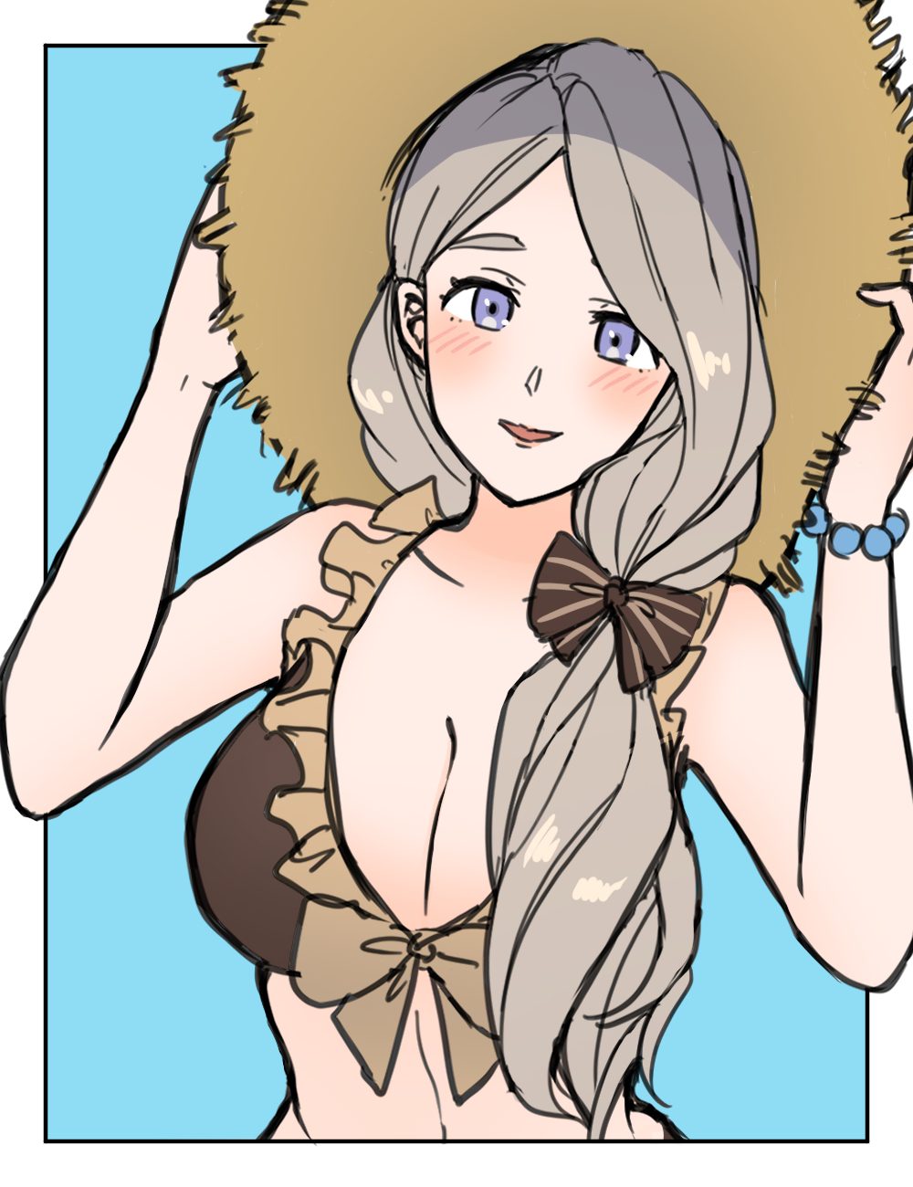 1girl bikini blonde_hair breasts brown_bikini cleavage fire_emblem fire_emblem:_three_houses fire_emblem_heroes frilled_bikini frills hat highres large_breasts long_hair looking_at_viewer mercedes_von_martritz mercedes_von_martritz_(summer) nintendo official_alternate_costume solo straw_hat sun_hat swimsuit yuki12046