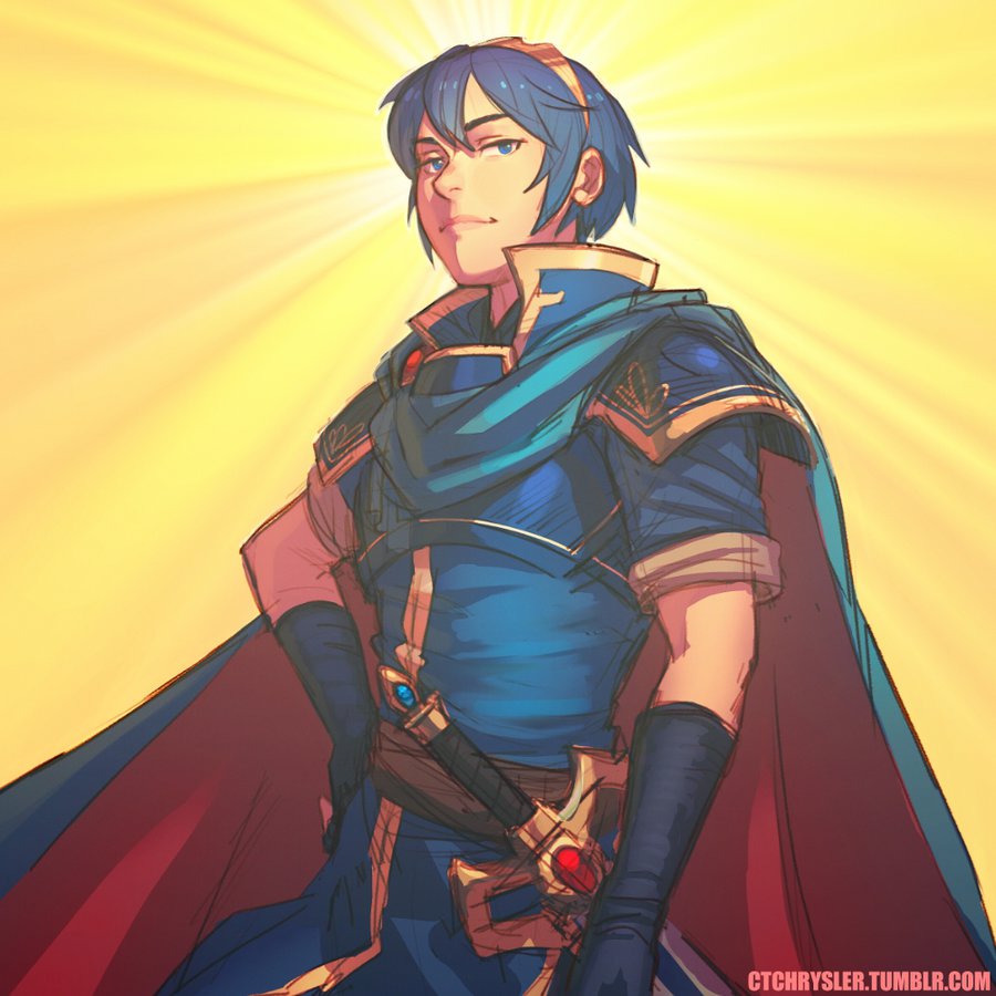 1boy blue_eyes blue_hair caleb_thomas cape falchion_(fire_emblem) fire_emblem fire_emblem:_mystery_of_the_emblem gloves looking_at_viewer male_focus marth_(fire_emblem) nintendo short_hair smile solo sword tiara weapon