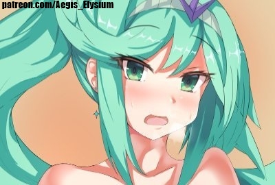 1girl artist_request blush covered_navel earrings floating_hair green_eyes green_hair grin jewelry long_hair looking_at_viewer mythra_(xenoblade) nintendo open_mouth orange_background pneuma_(xenoblade) ponytail pyra_(xenoblade) shy sidelocks simple_background smile solo surprised swept_bangs tiara topless upper_body very_long_hair wet xenoblade_chronicles_(series) xenoblade_chronicles_2