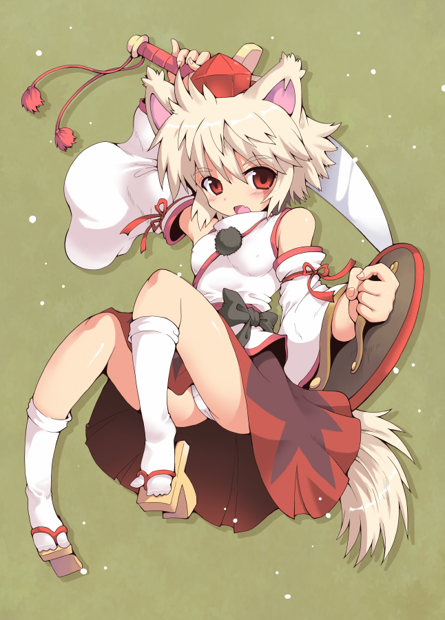 1girl animal_ears arm_up female_focus geta hat inubashiri_momiji jumping kneehighs kurogarasu open_mouth panties pantyshot red_eyes shield short_hair silver_hair simple_background socks solo sword tail tassel tokin_hat touhou underwear weapon white_panties white_socks wolf_ears wolf_tail