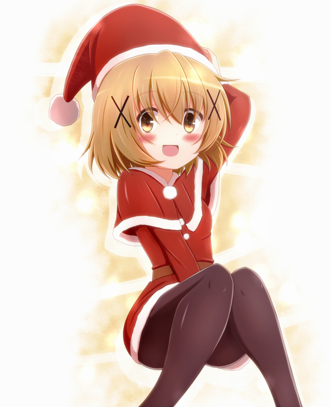 1girl black_pantyhose blush brown_eyes brown_hair christmas dot_nose feet_out_of_frame female_focus hair_ornament hat hidamari_sketch long_sleeves looking_at_viewer medium_hair pantyhose pom_pom_(clothes) santa_costume santa_hat simple_background sitting solo taka_04 white_background x_hair_ornament yuno_(hidamari_sketch)