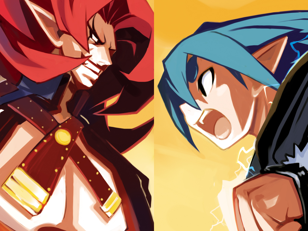 2boys alexander_(makai_kingdom) alexander_(phantom_kingdom) blue_hair gradient_background harada_takehito long_hair male_focus multiple_boys nippon_ichi official_art phantom_kingdom pointy_ears red_hair shouting smile upper_body white_eyes zetta_(phantom_kingdom)