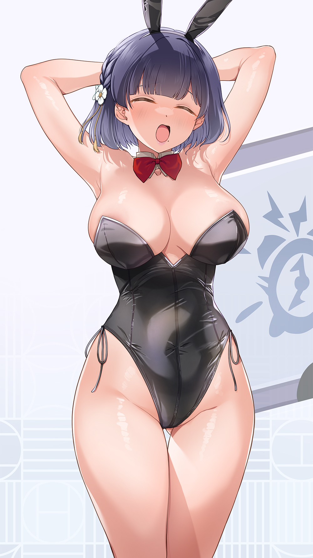 1girl alternate_costume animal_ear_hairband animal_ears armpits arms_behind_head arms_up bare_shoulders black_leotard blush bow bowtie breasts cleavage closed_eyes detached_collar fake_animal_ears flower gakuen_idolmaster gluteal_fold gradient_background grey_hair hair_flower hair_ornament hairband hataya_misuzu highleg highleg_leotard highres idolmaster large_breasts leotard looking_at_viewer mk_(mod0) mole mole_under_mouth open_mouth playboy_bunny presenting_armpit rabbit_ear_hairband rabbit_ears red_bow red_bowtie short_hair solo standing thigh_gap white_background yawning