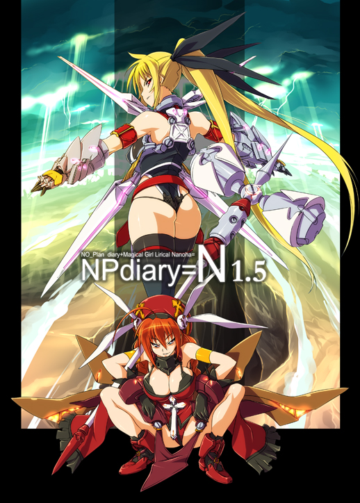 00s 2girls ass bardiche_(nanoha) blonde_hair braid breasts cleavage fate_testarossa graf_eisen large_breasts lyrical_nanoha mahou_shoujo_lyrical_nanoha mahou_shoujo_lyrical_nanoha_strikers multiple_girls nekomamire red_hair thighhighs twin_braids twintails vita_(nanoha)