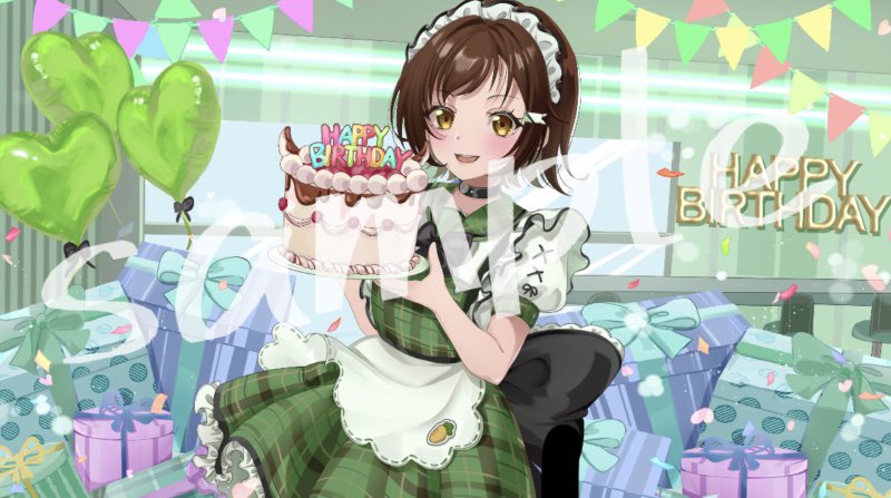 1girl :d alternate_costume back_bow balloon banner black_bow black_choker blurry blush bokeh bond_en bow box brown_eyes brown_hair choker confetti depth_of_field dot_nose dress english_text gift gift_box green_dress happy_birthday heart_balloon holding holding_plate kano3 maid_headdress open_mouth plaid_clothes plaid_dress plate sample_watermark short_hair smile solo summer_belle tongue virtual_youtuber watermark window